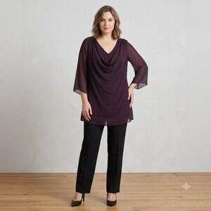 NWT Liz Elana Vintage Beaded Shoulder Draped Tunic Chiffon Evening Top Plum 18